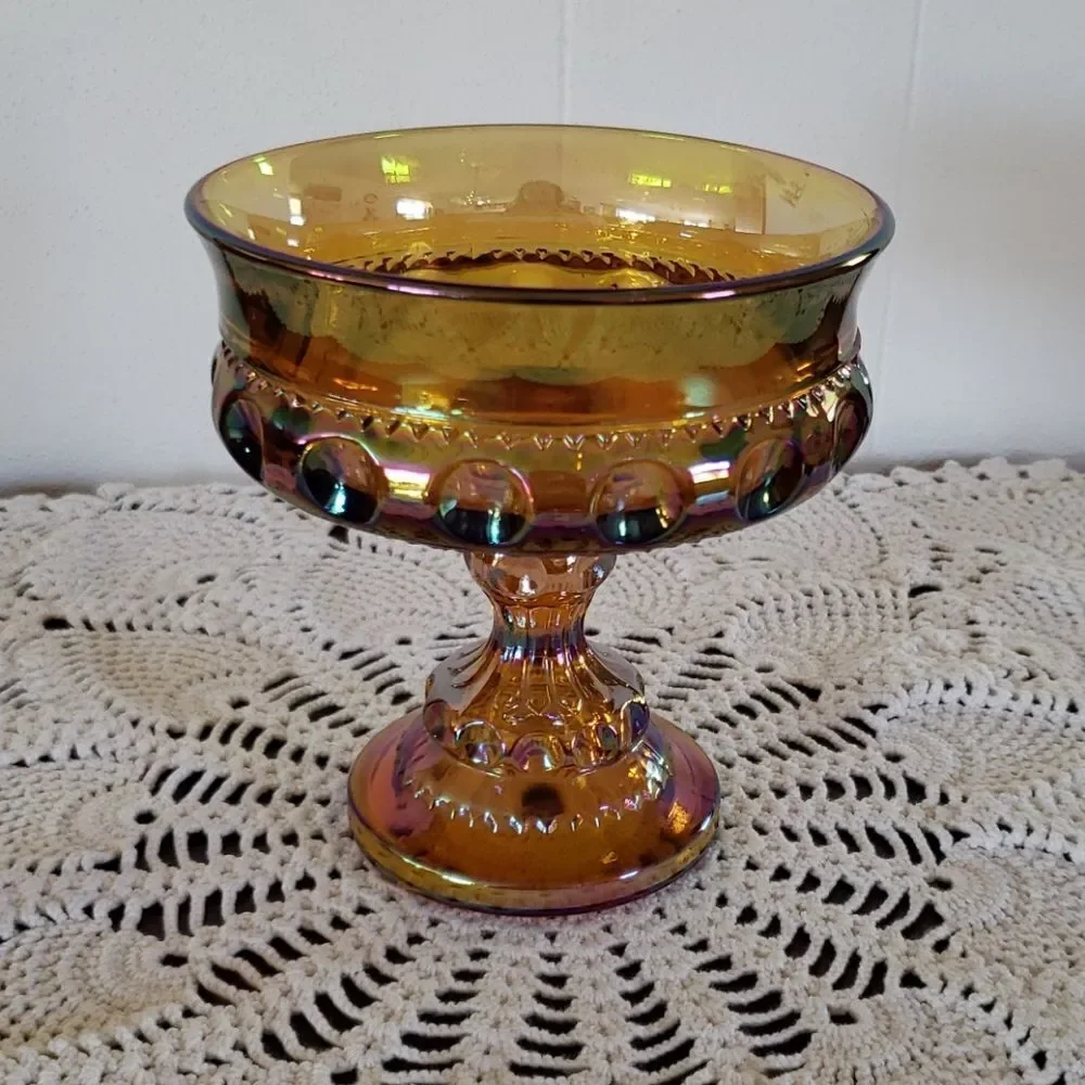 Pretty Gold Carnival Glass Pedestal Compote Candy Dish